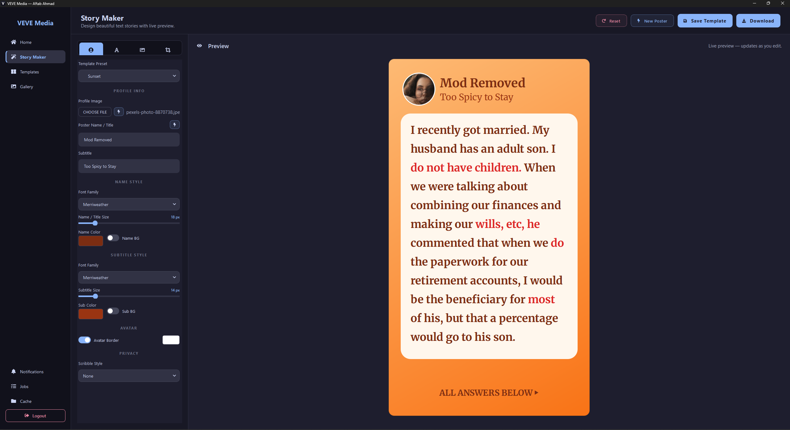 VEVE Media desktop app — Story Maker editor with live preview
