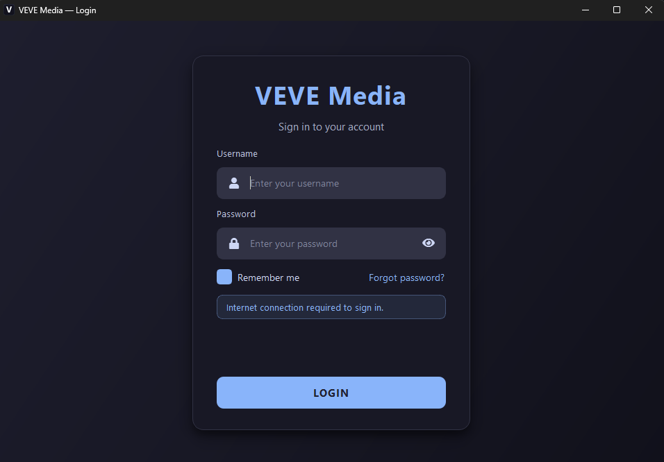 VEVE Media desktop app — sign-in screen